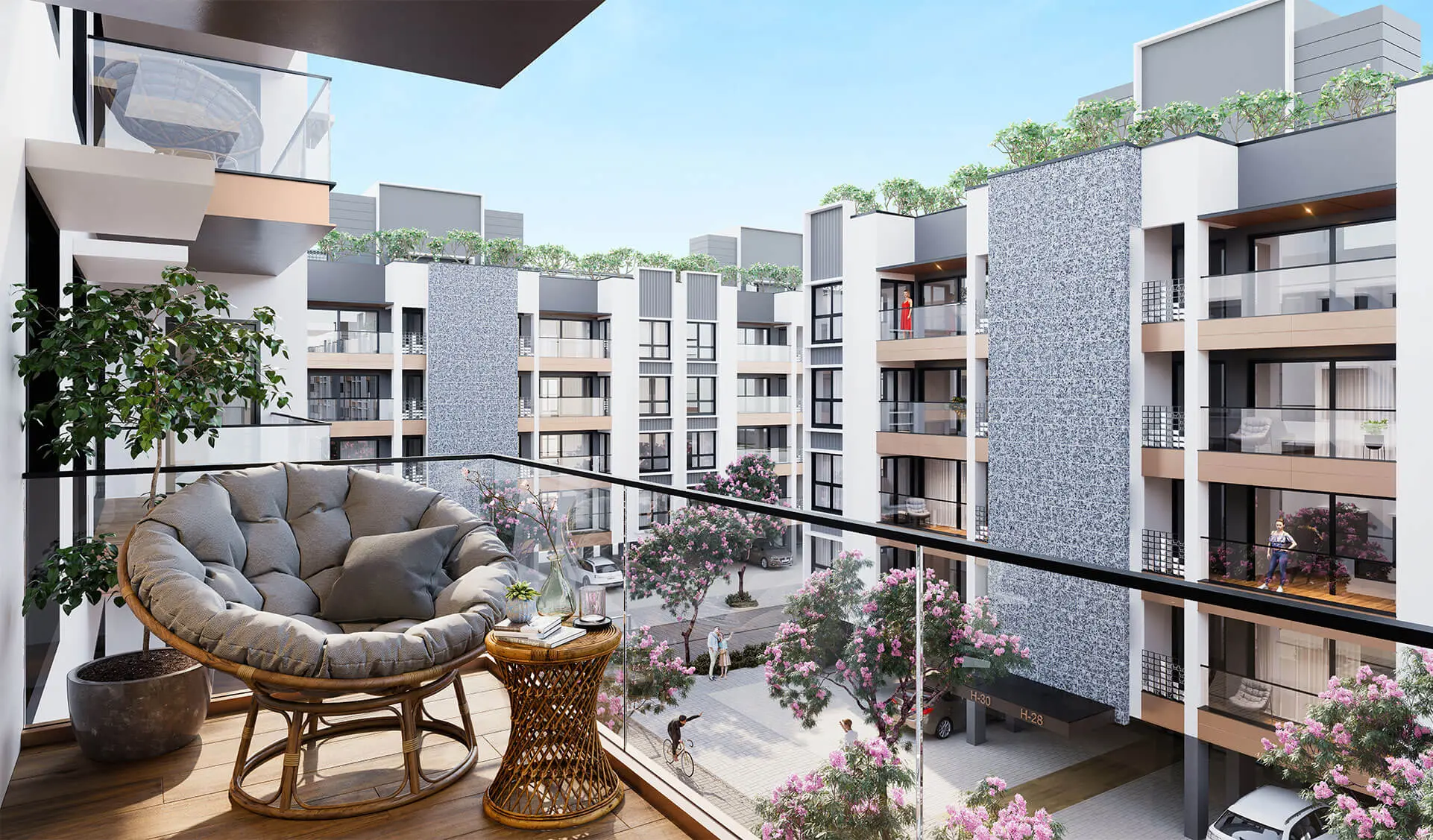 Luxury balcony view in Ganga Valley by Ganga Realty with landscaped courtyard